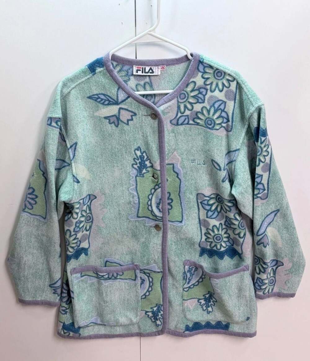 Vintage FILA Printed Fleece Cardigan Mint Green Floral Paisley Made in Italy